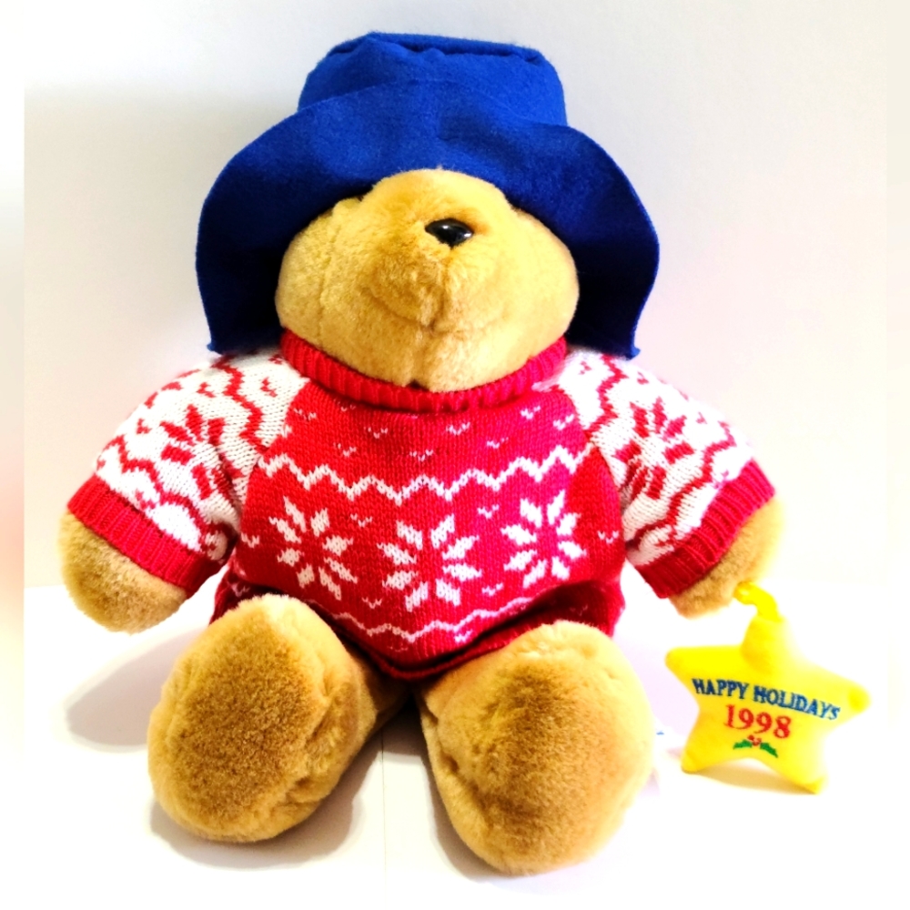 Vintage Stuffed Toy Animal Paddington Bear Plush Sears Happy Holidays 1998 Blue